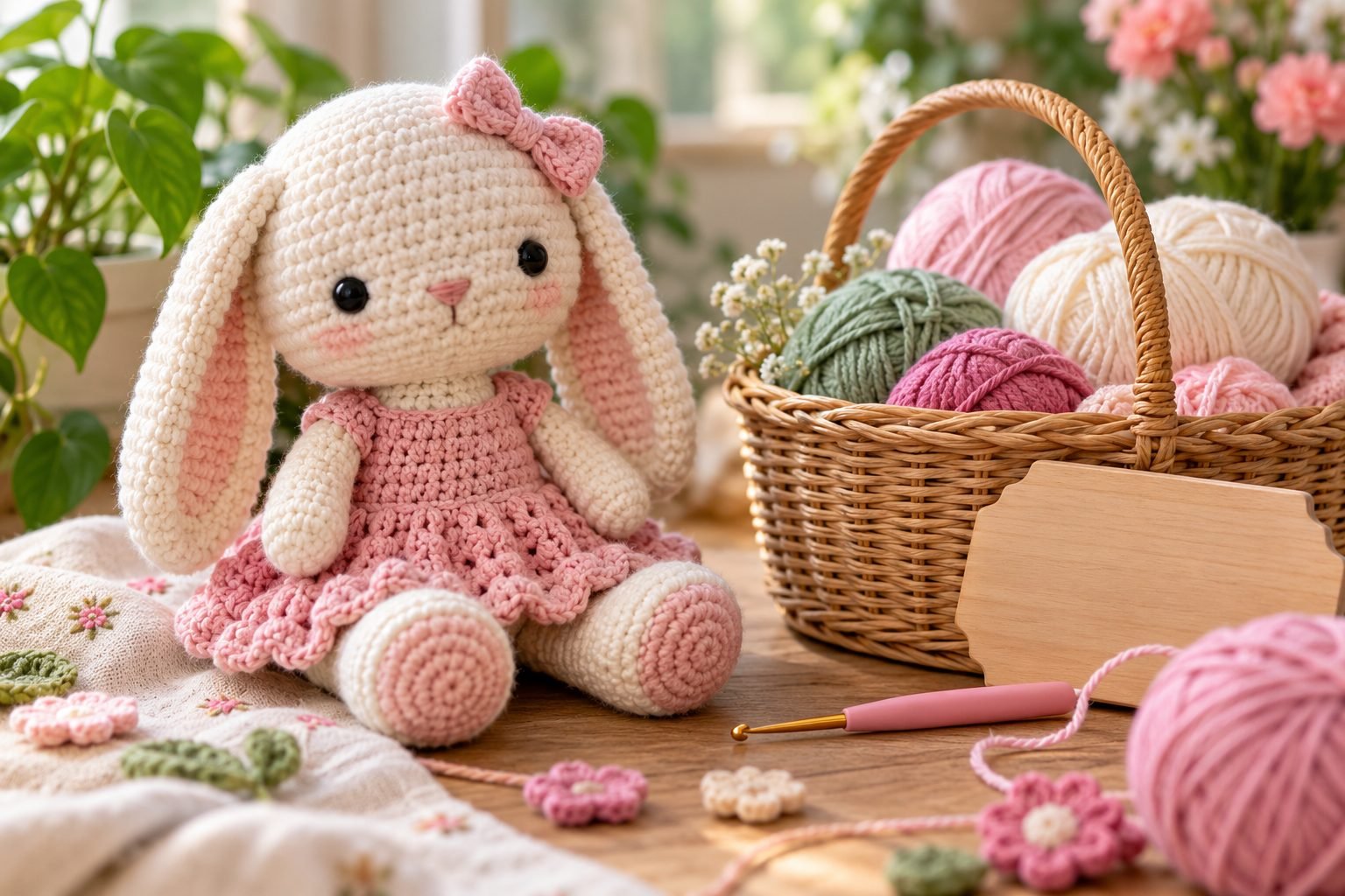 Handmade crochet bunny with yarn basket